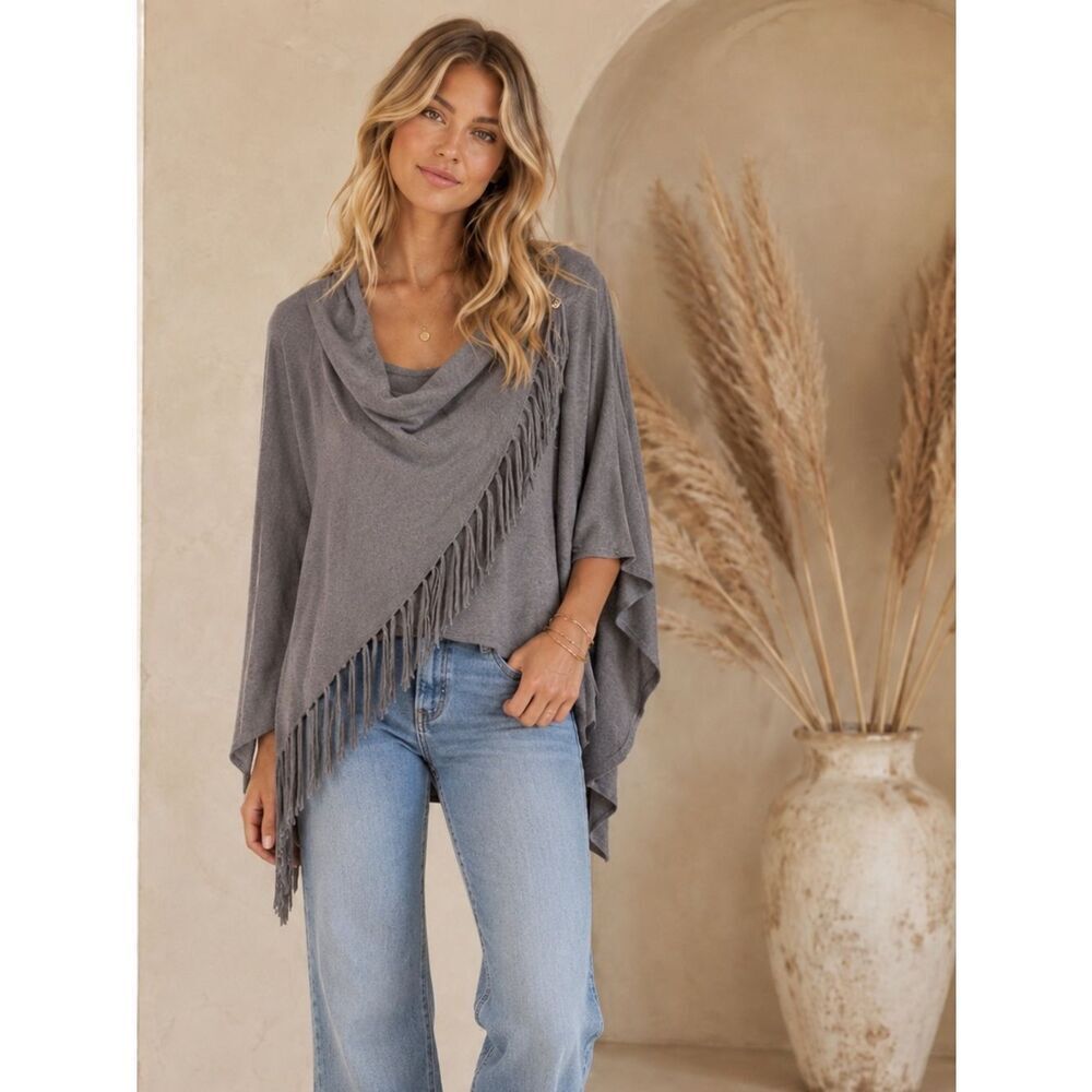 Anthropologie Lovestitch Gray Fringe Shrug Sweater